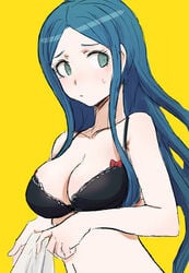 1girls big_breasts black_bra blue_eyes blue_hair blush bra cleavage danganronpa danganronpa_v3 female female_focus female_only light_skin long_hair looking_away qosic shirogane_tsumugi solo solo_focus straight_hair yellow_background