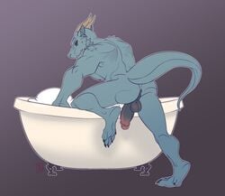 anthro anus ass backsack balls bathtub dragon flaccid hi_res horn humanoid_penis male male_only muscular muscular_male nude penis solo tanks_(artist)