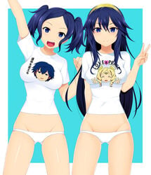 2girls alternative_costume arms_up blonde_hair blue_background blue_eyes blue_hair border breasts cameltoe casual chrom_(fire_emblem) clenched_hand closed_eyes contemporary cute cynthia_(fire_emblem) dark_blue_hair double_v drill_hair emmeryn_(fire_emblem) english english_text female female_only fire_emblem fire_emblem_awakening gesture gloves gluteal_fold groin hair_between_eyes hairband happy impossible_clothes impossible_shirt kyoku_tou light-skinned long_hair lowleg lowleg_panties lucina_(fire_emblem) medium_breasts mound_of_venus multiple_girls navel no_pants open_mouth outstretched_arm pantsu shirt short_sleeves siblings sisters skindentation smile streaked_hair subtle_pussy t-shirt text text_on_clothes thigh_gap tied_hair twintails underwear v white_gloves white_panties white_shirt white_underwear younger_female