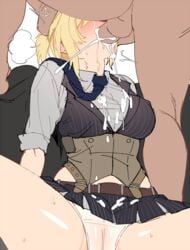 1boy 1girls belly beltskirt blonde_hair blush breasts cameltoe clothed_female_nude_male commentary cum cum_in_mouth cum_inside cum_on_body cum_on_breasts cum_on_clothes cum_on_upper_body deepthroat fellatio female girls'_frontline head_grab highres irrumatio leg_up long_hair male medium_breasts miniskirt ndgd necktie oral overflow panties penis pinstripe_pattern short_twintails sitting skirt skirt_lift sleeves_folded_up spread_legs straight striped striped_skirt sweat tears twintails underbust underwear upskirt welrod_mkii_(girls'_frontline) white_panties