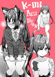 animal_ears ass azusa_nakano_(k-on!) bandage bandaged_arm bandages bangs bare_shoulders barefoot bed_sheet black_gloves black_legwear blush bow bow_panties breasts breath cat_ears clenched_hands closed_mouth collarbone dress dress_pull embarrassed eyebrows eyebrows_visible_through_hair facial_mark female fingerless_gloves frilled_swimsuit frills gloves hairband half-closed_eyes heavy_breathing human human_only k-on! kneehighs leg_lift long_hair long_sleeves looking_at_viewer monochrome multiple_views mushi024 navel nipples on_bed panties panty_pull parted_lips ponytail pulled_by_self red_background ribbon school_uniform shiny shiny_hair side_ponytail simple_background sitting small_breasts spot_color sweat swimsuit swimsuit_aside toes twintails uncensored underwear