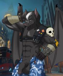 anthro balls big_balls blizzard_entertainment chiropteran clothed clothing flaccid foreskin hair hi_res king's_row_(map) long_hair male male_only mammal muscular muscular_male overwatch overwatch_2 pants_down partially_clothed penis roadhog_(cosplay) ruby_the_bat skull uncut video_games wings zanzagen