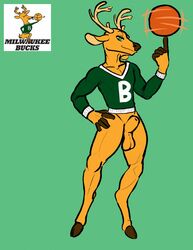 animal_genitalia anthro antlers athletic balls basketball cervid cervine clothing fur furry furry_only green_eyes hi_res horn male male_only mammal mascot milwaukee_bucks nba santaint sheath shirt solo solo_male standing topwear