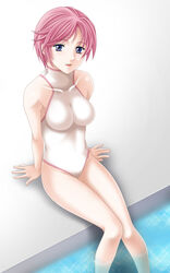 feet_in_water female fire_emblem fire_emblem:_path_of_radiance high_resolution marcia_(fire_emblem) one-piece_swimsuit partially_submerged pink_hair pool poolside purple_eyes short_hair sitting soaking_feet solo swimsuit tamamon turtleneck violet_eyes water