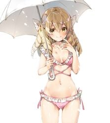 bikini blonde_hair bow closed_mouth drill_hair earrings female fire_emblem fire_emblem_awakening frills gloves hair hair_ornament hairbow holding holding_umbrella jewelry long_hair maribelle_(fire_emblem) midriff miwabe_sakura navel parasol pink_bikini side-tie_bikini simple_background smile solo standing swimsuit umbrella white_background white_bow yellow_eyes