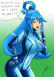 aqua_(konosuba) big_breasts blue_hair borockman breasts kono_subarashii_sekai_ni_shukufuku_wo! nintendo samus_aran_(cosplay) text zero_suit