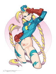 1girls artist_name blue_eyes cammy_white capcom clothing clothing_aside erect_nipples erect_nipples_under_clothes erotibot female female_only gauntlets highres lips long_hair navel nipples pubic_tattoo pussy salute scar solo street_fighter tattoo tie video_games