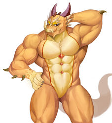 2018 abs absurd_res animal_genitalia anthro biceps dragon genital_slit gohgw1 hand_behind_head hand_on_hip hi_res horn kemono looking_at_viewer male male_only muscular muscular_male ophion scalie slit solo tokyo_afterschool_summoners video_games