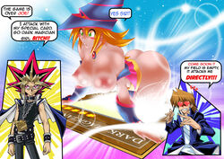 1girls bent_over black_magician_girl blonde_hair breasts busty butt butt_crack dark_magician_girl green_eyes heart-shaped_pupils huge_ass joey_wheeler jounouchi_katsuya mutou_yuugi sexfire yami_yugi yu-gi-oh! yu-gi-oh!_duel_monsters