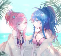 2girls bare_shoulders beach bikini blue_eyes blue_hair blush braid breasts cleavage day female fire_emblem fire_emblem:_the_sacred_stones fire_emblem_heroes gloves high_resolution long_hair marisa_(fire_emblem) medium_breasts multiple_girls pegasus_knight pink_eyes pink_hair ponytail purple_eyes purple_hair repu_(rep_sha) sky small_breasts smile swimsuit tana_(fire_emblem) tana_(summer)_(fire_emblem) tied_hair twin_braids water