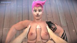 1boy 1girls 3d animated big_breasts completely_nude female looking_at_viewer male male_pov muscular_female nipples nude outercourse overwatch paizuri penis pink_hair pov short_hair sound source_filmmaker straight tattoo teeth_clenched thiccsson video wooden_floor zarya