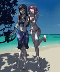 2girls ;d astrid_(fire_emblem) bad_id bad_pixiv_id beach bikini black_hair blue_eyes blush breasts cleavage day fire_emblem fire_emblem:_path_of_radiance fire_emblem:_radiant_dawn front-tie_top light_smile long_hair majin_(marcia) marcia_(fire_emblem) multiple_girls navel ocean one_eye_closed open_mouth orange_eyes outdoors pink_hair red_eyes sarong sea shadow short_hair side-tie_bikini_bottom smile swimsuit tree v v_sign white_bikini