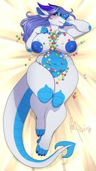 anthro areola big_breasts blush breasts curvaceous dragon female hair hi_res horn looking_at_viewer lying navel nipples on_back pussy redpixie slightly_chubby solo wide_hips