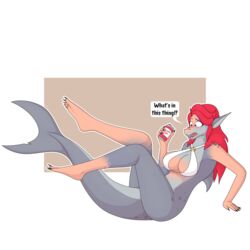 1:1 2019 absurd_res alpha_channel anthro bottomless breasts clothed clothing cola dialogue female fish furry hair hi_res human mammal marine nude open_mouth red_eyes red_hair ruby_(unidentified-tf) shark simple_background solo species_transformation surprise teeth text transformation transparent_background unidentified-tf