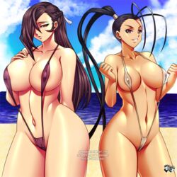 2girls beach big_breasts bikini breasts capcom clothing crossover curvy female female_only fire_emblem fire_emblem_fates hair hair_over_one_eye huge_breasts ibuki_(street_fighter) jadenkaiba kagero_(fire_emblem) long_hair multiple_girls nintendo sling_bikini smile street_fighter tan thick_thighs video_games watermark