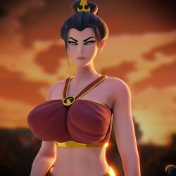 1girls 3d avatar_the_last_airbender azula black_hair blender breasts clothed clothing endlessillusion eyeliner female female_only front_view hair_bun hair_ornament highres huge_breasts human large_breasts midriff nickelodeon outdoors perky_breasts sidelocks solo tube_top upper_body yellow_eyes