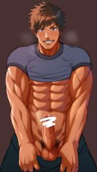 1boy abs bar_censor blush brown_hair erection grin hihumi invitation male male_focus male_only muscle naughty_face pecs penis presenting pubic_hair red_eyes smile solo solo_male teeth testicles underwear undressing