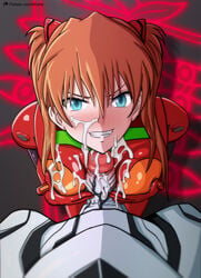 1boy 1girls 2019 after_sex aqua_eyes asuka_langley_sohryu bangs blush bodysuit breast_hold breasts brown_hair clothing cum cum_on_body cum_on_breasts cum_on_clothes cum_on_upper_body eyebrows facial female female_human from_above grin hair_ornament hair_over_eyes highres hirume human interspecies kneeling large_penis long_hair looking_at_viewer mass_production_eva medium_breasts monster neon_genesis_evangelion orange_hair paizuri paizuri_over_clothes patreon_username penis pilot_suit plugsuit pov pov_eye_contact skin_tight small_breasts smile solo_focus teeth titfuck twintails uncensored veins veiny_penis