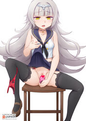 1girls azur_lane bangs bare_arms bare_shoulders black_legwear black_neckwear blue_sailor_collar blunt_bangs bow bow_panties breasts brown_footwear censored clothing collarbone crop_top dildo eyebrows_visible_through_hair female garter_belt grey_hair headpiece heart heart_censor highres knee_up lace lace-trimmed_legwear lifted_by_self long_hair looking_at_viewer mary_janes masturbation mole mole_under_eye neckerchief nipple_piercing nipples object_insertion on_stool open_mouth panties panties_around_leg piercing pleated_skirt pussy_juice pussy_juice_puddle red_panties red_skirt round_teeth sailor_collar self_fondle sex_toy shirt shoes simple_background sitting skirt skirt_lift sleeveless sleeveless_shirt small_breasts solo stool tattoo teeth thighhighs tongue_piercing underwear upper_teeth vaginal_object_insertion vaginal_penetration vahn_yourdoom very_long_hair watermark web_address white_background white_shirt x-ray yellow_eyes z46_(azur_lane)