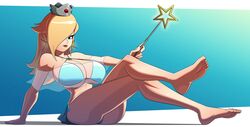 1girls barefoot big_breasts bikini blonde_hair blue_background blue_bikini blue_eyes breasts cleavage clothing crossed_legs feet female female_only full_body hair_over_one_eye holding_wand large_breasts leaning_back looking_at_viewer mario_(series) nintendo princess_rosalina ravenravenraven see-through see-through_clothing simple_background sitting solo super_mario_galaxy swimsuit wand