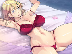 bed blonde_hair bra bracelet breasts cleavage earrings female hair_ornament hairclip jewelry large_breasts lingerie long_hair original pubic_hair purple_eyes red_lingerie spread_legs thong yoko_jyusuke