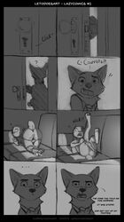 ! ... 2019 ? ?! anthro anus bottomless canid canine clothed clothing comic dialogue disney door english_text female fur hi_res inside judy_hopps lagomorph leporid letodoesart looking_back male mammal nick_wilde panic panties panties_around_legs pussy rabbit sofa surprise text zootopia