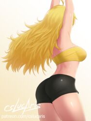 1girls ahoge armpits arms_up ass back bandeau bare_arms bare_legs black_shorts blonde blonde_hair breasts clothed cslucaris female female_only from_behind gradient gradient_background large_breasts legs long_hair midriff rwby shiny_skin short_shorts shorts solo solo_female standing strapless text tubetop url watermark yang_xiao_long yellow_tubetop