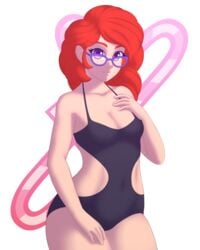 bare_arms bare_legs bare_shoulders black_swimsuit breasts cleavage closed_mouth collarbone female female_only friendship_is_magic glasses hand_up human humanized legs long_hair looking_at_viewer medium_breasts my_little_pony neck one-piece_swimsuit personification purple_eyes red_hair solo souladdicted standing swimsuit twist_(mlp)