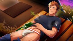 1boy alex_(stardew_valley) blush body_hair brown_hair bulge crotch hihumi jockstrap male_focus male_only outdoors shirt_lift solo solo_male stardew_valley steam sweat underwear undressing