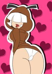 1girls breasts clothing female female_only goomba goomba_girl hair_over_eyes heart looking_at_viewer looking_back mario_(series) migi_rider nintendo nipples open_mouth panties pink_background rule_63 simple_background solo standing thighs underwear white_hair white_panties