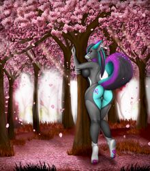 2019 anthro ass canid canine cherry_blossoms female fur hair hi_res mammal nude outdoors paintchaser pose presenting_hindquarters pussy