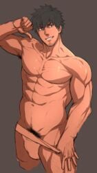 1boy abs body_hair facial_hair hihumi male_focus muscle naughty_face presenting smile solo solo_male teeth topless underwear undressing