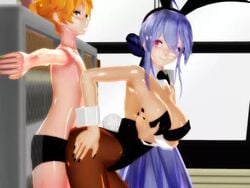 1boy 1girls 3d age_difference animated big_breasts blonde_hair breasts bunny_ears bunnysuit buttjob cleavage dobe dobe_mmd female femdom holding_ass holding_breasts kagamine_len large_breasts long_hair mikumikudance milking mmd naughty_face no_sound penetration ponytail seductive sex shorts silver_hair ugoira video vocaloid voluptuous yowane_haku