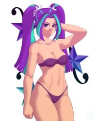 aqua_hair aria_blaze arm_at_side arm_up bangs bare_arms bare_legs bare_shoulders bikini breasts cleavage clenched_hand collarbone female female_only friendship_is_magic human humanized legs long_hair long_twintails looking_at_viewer medium_breasts midriff multicolored_hair my_little_pony navel neck parted_bangs personification purple_bikini purple_eyes purple_hair purple_swimsuit serious solo souladdicted standing strapless strapless_bikini strapless_swimsuit swimsuit twintails