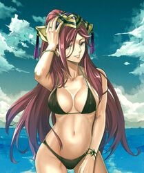 beach big_breasts bikini fire_emblem fire_emblem_heroes loki loki_(fire_emblem) purple_hair solo swimsuit water