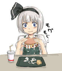 bags_under_eyes blue_eyes cum cum_on_food drink fast_food female food gokkun hairband hamburger looking_at_viewer michael-x short_hair silver_hair simple_background soda solo touhou translation_request white_background youmu_konpaku