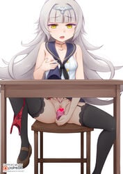 1girls azur_lane bangs bare_arms bare_shoulders black_legwear black_neckwear blue_sailor_collar blunt_bangs bow bow_panties breasts brown_footwear censored clothing collarbone crop_top dildo eyebrows_visible_through_hair female garter_belt grey_hair headpiece heart heart_censor highres knee_up lace lace-trimmed_legwear lifted_by_self long_hair looking_at_viewer mary_janes masturbation mole mole_under_eye neckerchief nipple_piercing nipples object_insertion on_stool open_mouth panties panties_around_leg piercing pleated_skirt pubic_tattoo pussy_juice pussy_juice_puddle red_panties red_skirt round_teeth sailor_collar self_fondle sex_toy shirt shoes simple_background sitting skirt skirt_lift sleeveless sleeveless_shirt small_breasts solo stool table tattoo teeth thighhighs tongue_piercing underwear upper_teeth vaginal_object_insertion vaginal_penetration vahn_yourdoom very_long_hair watermark web_address white_background white_shirt x-ray yellow_eyes z46_(azur_lane)