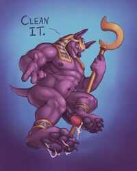 1boy abs anubian_jackal anubis canid canine canis claws cum cum_on_feet deity foot_focus hi_res jackal male male_only mammal muscular nipples nude pawpads penis solo thepurp toe_claws