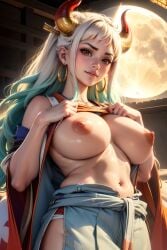 1girls ai_generated breasts female female_only hair_ornament hoop_earrings horn long_hair_female looking_at_viewer multicolored_hair navel nipples one_piece orange_eyes romulusai shirt_lift solo_female yamato_(one_piece)