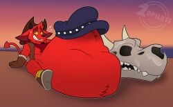 after_vore anthro belly big_belly biped black_nose bodily_fluids bone bone_disposal boots bottomless bottomless_male bune_(kings_of_hell) clothed clothing cowboy_hat death demon digestion dragon fatal_vore footwear fur gloves gremile_'hotshot' handwear hat headgear headwear hi_res horn huge_belly imp kerchief kings_of_hell larger_prey male mythological_creature mythological_scalie mythology red_body red_eyes red_fur scalie sheepish_grin shoes short_male short_stack simple_background size_difference skull smaller_male smaller_pred solo solo_focus spade_tail stomach_bulge sweat sweatdrop tail vore yellow_sclera zopilotemenu