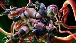 2girls 3d akali alternate_costume areolae blender breasts cum cum_on_ass cum_on_breasts cum_swap feed_spit female female_only fireboxstudio k/da_akali k/da_series league_of_legends nier nier:_automata nipples tentacle tentacle_sex yorha_2b