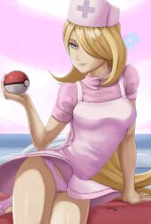 1girls blonde_hair breasts cynthia_(pokemon) flats game_freak grey_eyes hair_over_one_eye holding_poke_ball long_hair medium_breasts milf nintendo nurse nurse_cap nurse_uniform panties pink_panties pokeball pokemon pokemon_dppt sketchymoves upskirt