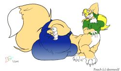 2014 anthro balls_outline big_breasts big_bulge blonde_hair blue_eyes bottomwear breasts bulge canid canid_taur canine canine_taur chest_tuft clothing detailed_bulge digital_media_(artwork) downgrade101 fur genital_outline gynomorph hair huge_bulge hyper hyper_bulge intersex mammal mammal_taur multicolored_body multicolored_fur peach_(deonwolf) shirt shorts taur topwear tuft two_tone_body two_tone_fur