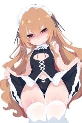 aisaka_taiga black_panties blush brown_eyes brown_hair cleavage_cutout clothes_lift clothing_cutout commentary_request dress dress_lift evil_grin evil_smile female flat_chest from_below grin heart heart_panties heart_print heavy_breathing highres kukuchi581 long_hair maid_headdress panties petite print_panties pussy_juice pussy_juice_drip_through_clothes short_dress smile solo thighhighs thighs toradora! underwear v-shaped_eyebrows very_long_hair white_thighhighs