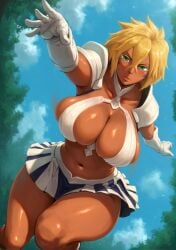 1girls absurd_res ai_generated bleach blonde_hair breasts cleavage dark-skinned_female dark_skin female female_only green_eyes hi_res hpeq large_breasts midriff skirt solo thick_thighs thighs tia_harribel tier