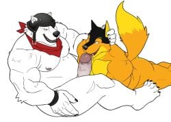 anthro bear canid canine duo epic_games fortnite fox genitals hi_res holding_head humanoid_genitalia humanoid_penis jake_(jakethenerdyfox) licking lying male male/male mammal muscular on_front open_mouth open_smile oral penile penis penis_lick polar_bear polar_patroller sex seyrmo sitting smile tongue tongue_out ursine