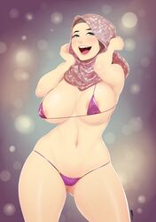 1girls big_breasts bikini breasts cleavage female female_only full_cleavage green_eyes hijab hijabolic huge_breasts looking_at_viewer micro_bikini open_mouth smile solo thick_thighs wide_hips