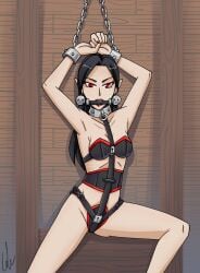 1girls bit_gag black_bra black_corset black_hair black_panties bondage bra breasts chains collar corset elf gag gagged heavencommissions lock long_hair looking_at_viewer original painted_fingernails panties red_eyes slave small_breasts wrist_cuffs