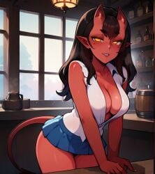 ai_generated cleavage dark_hair demon_girl demon_horns demon_tail freckles jhonensteele large_breasts meru_(merunyaa) miniskirt pointy_ears red_skin tavern yellow_eyes