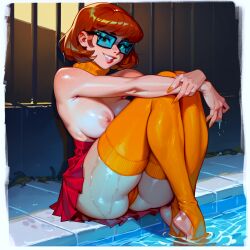 ai_generated cameltoe glasses miniskirt no_bra one_breast_visible panties poolside scooby-doo stockings velma_dinkley